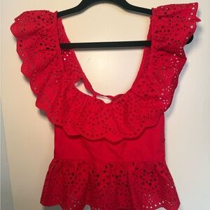 Zara Red Romantic Eyelet Ruffle Peplum Top